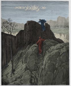 Purgatorio, Canto 4 : Virgil fører Dante op ad den forrevne bjergside, illustration fra "Den guddommelige komedie" af Dante Alighieri, 1885 af Gustave Dore