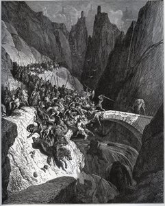 Recite des feats du chevalier Diego Garcia de Paredes - fra "Don Quixote de la Mancha"" af Miguel Cervantes (1547-1616) (Don Quixote) - Træsnit efter tegning af Gustave Dore af Gustave Dore