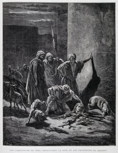 Rester af dronning Jezebel efter hun blev kastet ud af paladsvinduerne, illustration fra Dore-bibelen. af Gustave Dore