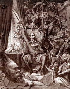 Repræsentation af Don Quixote i hans bibliotek omgivet af skabninger i hans bøger Gravering af Gustave Dore (1832-1883) for "L