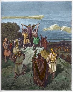 Tilbage fra Kanaans land - Josue og Kalebs tilbagevenden med en enorm klase druer fra Kanaans land (det forjættede land) - - indgravering i "The Bible illustree" af Gustave Dore (1832-1883) - Indgravering fra "" Dore-bibelen"" af Gustave Dore