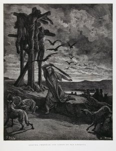 Rizpah forhindrer vilde dyr i at skænde ligene af hendes døde sønner, Illustration fra Dore-bibelen af Gustave Dore