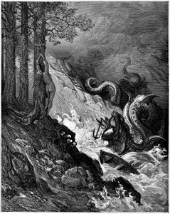 Ruggiero bekæmper havuhyret (dragen), der truer Olimpia, binder ham fast til et træ, blokerer hans kæber med et anker og redder Olimpia (sang 11 stance 37) - Gravering af Gustave Dore (1832-1883), der illustrerer "Den rasende Roland" (1878) af Ludovico Ari af Gustave Dore
