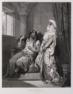 Samson og Delilah, kapitel 16 i Dommerbogen i Det Gamle Testamente, illustration fra Dore-bibelen af Gustave Dore