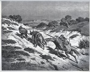 Sancho Panza, Don Quixote og deres bjerge efter deres nederlag mod Yangers - fra "" Don Quixote de la Mancha"" af Miguel Cervantes (1547-1616) (Don Quixote) - Træsnit efter tegning af Gustave Dore af Gustave Dore