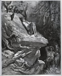 Sancho Panza finder sin herre, altid i anger - fra "" Don Quixote de la Mancha"" af Miguel Cervantes (1547-1616) (Don Quixote) - Træsnit efter tegning af Gustave Dore af Gustave Dore