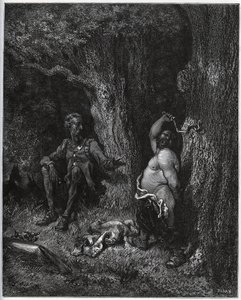 Sancho Panza flyver foran Don Quixote for at opfylde Merlins ønske og dermed affortrylle Dulcinee fra Toboso. Don Quixote opfordrer ham til at moderere sin iver - fra "Don Quixote de la Mancha" af Miguel Cervantes (1547-1616) (Don Quixote) - Træsnit af Gustave Dore
