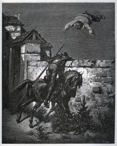 Sancho Panza bliver narret, og Don Quixote kan ikke gribe ind - fra "" Don Quixote de la Mancha"" af Miguel Cervantes (1547-1616) (Don Quixote) - Træsnit efter tegning af Gustave Dore af Gustave Dore