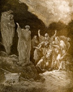 Saul og mediet/heksen fra Endor, af Doré. - Bibel af Gustave Dore