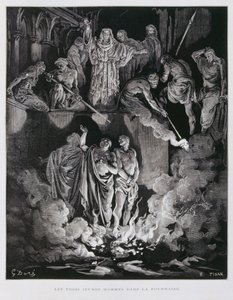 Shadrach, Meshach og Abednego i den brændende ovn, illustration fra Dore-bibelen af Gustave Dore