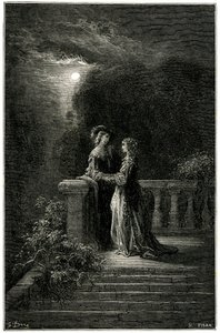 Sigognac og Isabelle: elskende, der endelig forenes i måneskinnet. I sidste ende sejrer kærligheden! Kobberstik af Gustave Dore, der illustrerer Theophile Gautiers pikareskroman "Le capitaine Fracasse", edition Charpentier 1863. af Gustave Dore