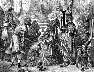 Sømanden Sindbad - fortællingen om de tusind og en (1001) nat - illustration af Gustave Dore (detalje) - Maxwell edition 1865 - Prolog: en fattig bærer (Hinbad) præsenterer sig for Sindbad, som er blevet gammel og rig. Sidstnævnte vil fortælle ham af Gustave Dore