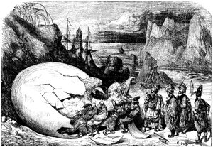 Sømanden Sindbad (Sinbad) - fortællingen om de tusind og en (1001) nat - illustration af Gustave Dore - Maxwell-udgave 1865 - Femte rejse: købmændene, der ledsager Sindbad, bryder skallen på et gigantisk æg af fuglekæmpen Roc for at udtrække en enorm baby af Gustave Dore