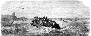 Sømanden Sindbad (Sinbad) - fortællingen om de tusind og en (1001) nat - illustration af Gustave Dore - udgave Maxwell 1865 - Tredje rejse: Sindbad og hans ledsagere sejler om bord på en flåde af Gustave Dore
