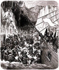 Sømanden Sindbad (Sinbad) - fortællingen om de tusind og en (1001) nat - illustration af Gustave Dore - Tredje rejse: et uvejr kaster Sindbads og hans ledsageres skib på en ø, hvor de bliver overfaldet af et væld af små og hæslige væsener. af Gustave Dore