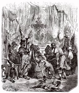 Sømanden Sindbad - fortællingen om de tusind og en (1001) nat - illustration af Gustave Dore - Maxwell edition 1865 - Prolog: en fattig bærer (Hinbad) præsenterer sig for Sindbad, som er blevet gammel og rig. Sidstnævnte vil fortælle sit eventyr af Gustave Dore