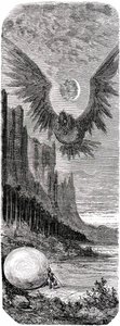 Sømanden Sindbad (Sinbad) - fortællingen om de tusind og en (1001) nat - illustration af Gustave Dore - udgave Maxwell 1865 - Anden rejse: Sindbad har på en ø opdaget et stort æg af den gigantiske fugl Roc og bliver angrebet af denne gigantiske fugl. af Gustave Dore