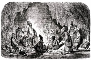 Sømanden Sindbad (Sinbad) - fortællingen om de tusind og en (1001) nat - illustration af Gustave Dore - Maxwell-udgave 1865 - Første rejse: Sindbad, der er blevet forladt midt på havet af sine kammerater, når en ø og møder i en hule den blegfede af Gustave Dore