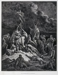 Så Moses lavede en bronzeslange og satte den op på en pæl. 4 Mosebog 21,7, Illustration fra Dore-bibelen af Gustave Dore