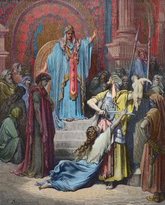 Salomons dom - Salomon træffer dommen om at splitte barnet mellem de to sagsøgere - Indgravering af Gustave Dore (1832 - 1883) - senere farvelægning af Gustave Dore