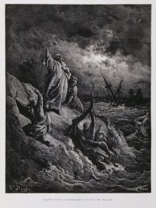 Paulus går i land på Malta, illustration fra Dore-bibelen af Gustave Dore