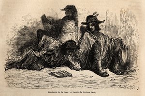 Studerende af tun (eller tunantes) i distriktet ved universitetet i Alcala de Henares, det særlige ved disse studerende, der har vedtaget ledigt, frit og omvandrende liv er ikke at studere, skitsere på live af Gustave Dore. Indgravering til illustration af af Gustave Dore