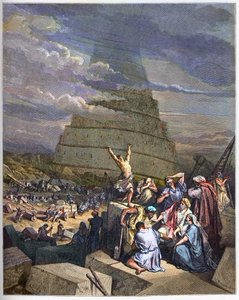 TOWER OF BABEL - Babelstårnet illustration af Genesis og sprogforvirring af Yahve. Til højre diskuterer Kong Nimrud (eller Nimrod, Nemrod) med arkitekterne - indgravering i "Bibelens illustree" af Gustave Dore (1832-1883) - Indgravering fra "" Th af Gustave Dore