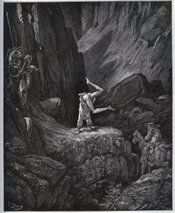 The Acrobatic Penitence of Don Quixote in Sierra Morena - fra "" Don Quixote de la Mancha"" af Miguel Cervantes (1547-1616) (Don Quixote) - Træsnit efter tegning af Gustave Dore af Gustave Dore
