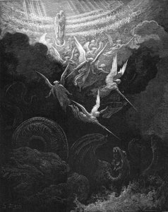 Ærkeenglen Michael og hans engle kæmper mod dragen, 1865-1866 af Gustave Dore