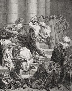 Køberne og sælgerne drevet ud af templet, Lukas 19:45-46, illustration fra Dores 