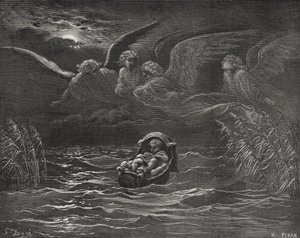 The Child Moses on the Nile, 2. Mosebog 2:1-4, illustration fra Dores 