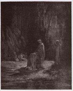 Den guddommelige komedie (La Divina Comedia, La Divine Comedie), Purgatorio, Canto 7: Digteren Sordello, forbløffet, knæler foran Vergil - af Dante Alighieri (1265-1321) - Illustration af Gustave Dore (1832-1883) af Gustave Dore