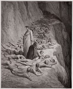 Den guddommelige komedie (La Divina Comedy, La Divine Comedie), Purgatorio, Canto 19: De grådiges sjæle: Adrian V taler til Dante - af Dante Alighieri (1265-1321) - Illustration af Gustave Dore (1832-1883) af Gustave Dore