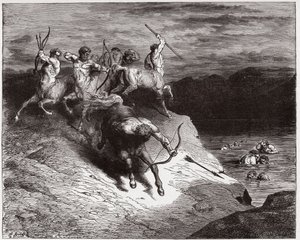 Den guddommelige komedie (La Divina Commedia, La Divine Comedie), Inferno, Canto 12: Kentaurerne angriber sjælene i kogende blod - af Dante Alighieri (1265-1321) - Illustration af Gustave Dore (1832-1883) af Gustave Dore