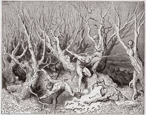 Den guddommelige komedie (La Divina Commedia, La Divine Comedie), Inferno, Canto 13: Selvmordene flygter fra skoven - af Dante Alighieri (1265-1321) - Illustration af Gustave Dore (1832-1883) af Gustave Dore
