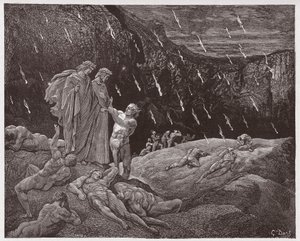 The Divine Comedy (La Divina Commedia, La Divine Comedie), Inferno, Canto 15: Brunetto Latini accosts Dante - af Dante Alighieri (1265-1321) - Illustration af Gustave Dore (1832-1883) af Gustave Dore