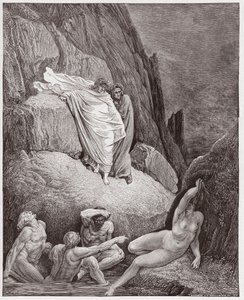 The Divine Comedy (La Divina Commedia, La Divine Comedie), Inferno, Canto 18: Virgil viser Dante shade of Thai - af Dante Alighieri (1265-1321) - Illustration af Gustave Dore (1832-1883) af Gustave Dore