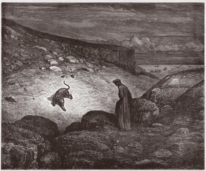 Den guddommelige komedie (La Divina Commedia, La Divine Comedie), Inferno, Canto 1: Panteren ved begyndelsen af opstigningen - af Dante Alighieri (1265-1321) - Illustration af Gustave Dore (1832-1883) af Gustave Dore
