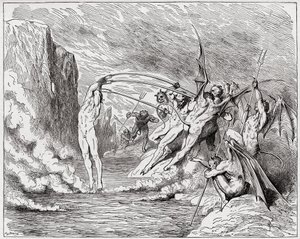 The Divine Comedy (La Divina Commedia, La Divine Comedie), Inferno, Canto 21: Devils torment the barrators - af Dante Alighieri (1265-1321) - Illustration af Gustave Dore (1832-1883) af Gustave Dore