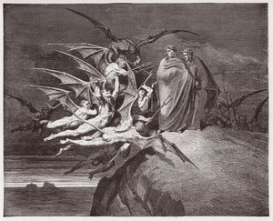 Den guddommelige komedie (La Divina Commedia, La Divine Comedie), Inferno, Canto 21: Dæmonerne truer Virgil - af Dante Alighieri (1265-1321) - Illustration af Gustave Dore (1832-1883) af Gustave Dore