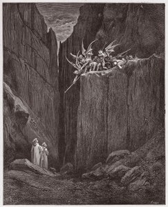 Den guddommelige komedie (La Divina Commedia, La Divine Comedie), Inferno, Canto 23: Digterne undslipper dæmonerne fra den femte bolgia - af Dante Alighieri (1265-1321) - Illustration af Gustave Dore (1832-1883) af Gustave Dore