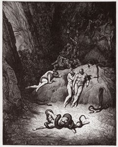 Den guddommelige komedie (La Divina Commedia, La Divine Comedie), Inferno, Canto 25: Agnello forvandler sig til en slange - af Dante Alighieri (1265-1321) - Illustration af Gustave Dore (1832-1883) af Gustave Dore