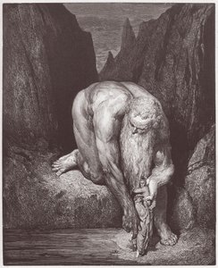 Den guddommelige komedie (La Divina Commedia, La Divine Comedie), Inferno, Canto 31: Kæmpen Antaeus sænker Dante og Virgil ned i den sidste cirkel - af Dante Alighieri (1265-1321) - Illustration af Gustave Dore (1832-1883) af Gustave Dore