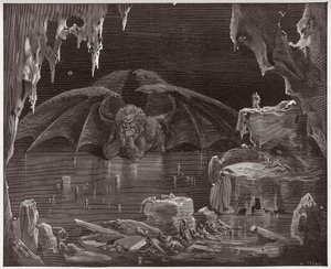 Den guddommelige komedie (La Divina Commedia, La Divine Comedie), Inferno, Canto 34: Lucifer, konge af helvede, frosset i isen - af Dante Alighieri (1265-1321) - Illustration af Gustave Dore (1832-1883) af Gustave Dore