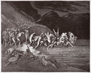 Den guddommelige komedie (La Divina Commedia, La Divine Comedie), Inferno, Canto 3: De dødsdømte sjæle, der går i gang med at krydse Acheron - af Dante Alighieri (1265-1321) - Illustration af Gustave Dore (1832-1883) af Gustave Dore
