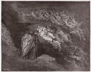 Den guddommelige komedie (La Divina Commedia, La Divine Comedie), Inferno, Canto 5: Francescas sjæl taler til Dante - af Dante Alighieri (1265-1321) - Illustration af Gustave Dore (1832-1883) af Gustave Dore