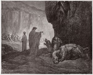 Den guddommelige komedie (La Divina Commedia, La Divine Comedie), Inferno, Canto 6: Virgil fodrer Cerberus i den tredje cirkel - af Dante Alighieri (1265-1321) - Illustration af Gustave Dore (1832-1883) af Gustave Dore