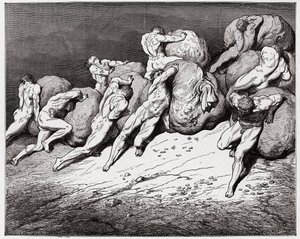 Den guddommelige komedie (La Divina Commedia, La Divine Comedie), Inferno, Canto 7: De griskes og de fortabtes sjæle tvunget til at rulle tunge sten - af Dante Alighieri (1265-1321) - Illustration af Gustave Dore (1832-1883) af Gustave Dore