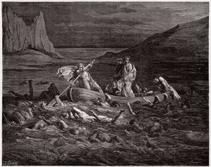 Den guddommelige komedie (La Divina Commedia, La Divine Comedie), Inferno, Canto 8: Phlegyas færger Dante og Virgil over Styx - af Dante Alighieri (1265-1321) - Illustration af Gustave Dore (1832-1883) af Gustave Dore