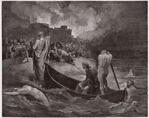 Den guddommelige komedie (La Divina Commedia, La Divine Comedie), Inferno, Canto 8: Virgil og Dante går i land ved citadellet i Dis - af Dante Alighieri (1265-1321) - Illustration af Gustave Dore (1832-1883) af Gustave Dore
